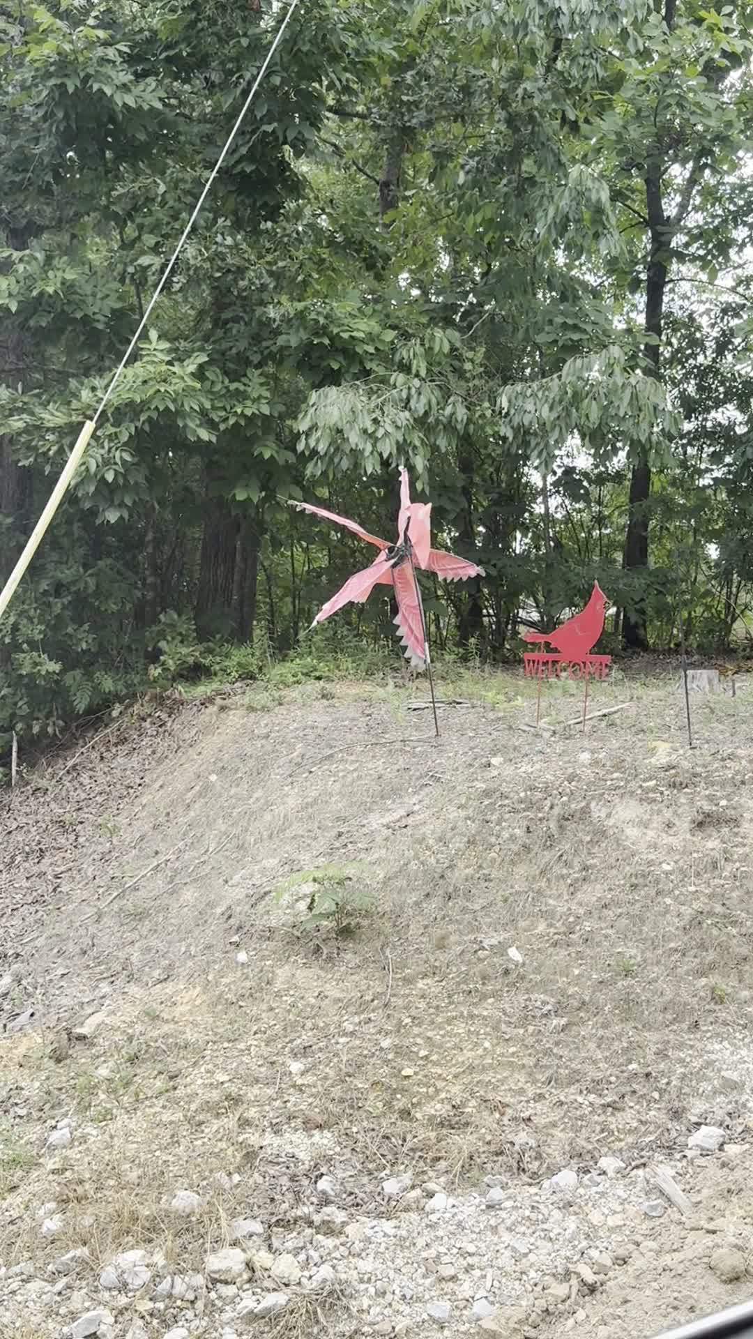 Metal redbird sculptures at the entrance to Redbird Willow Farm