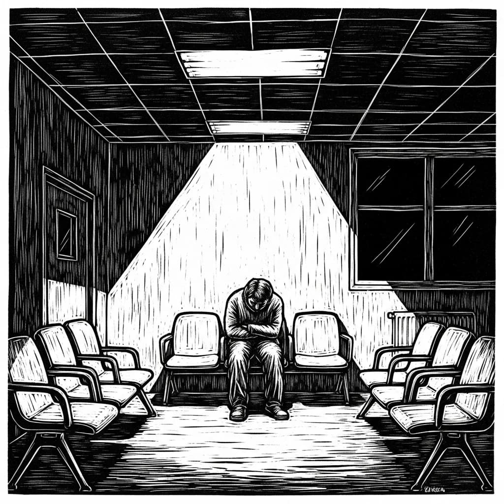 Woodcut illustration of a lone figure hunched in a hospital waiting room at night