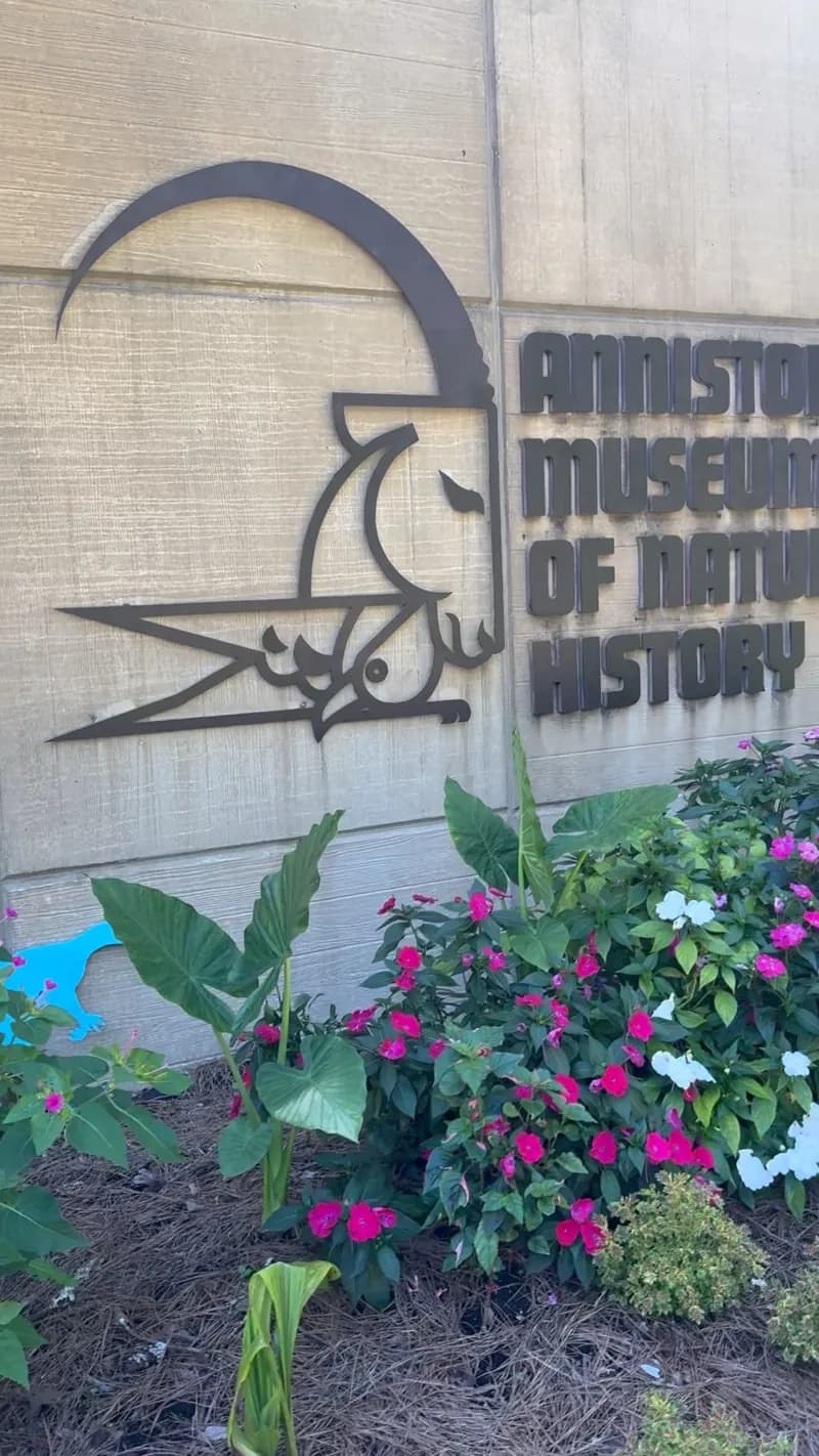 The Anniston Museum of Natural History sign and bird emblem, with pink impatiens along the wall