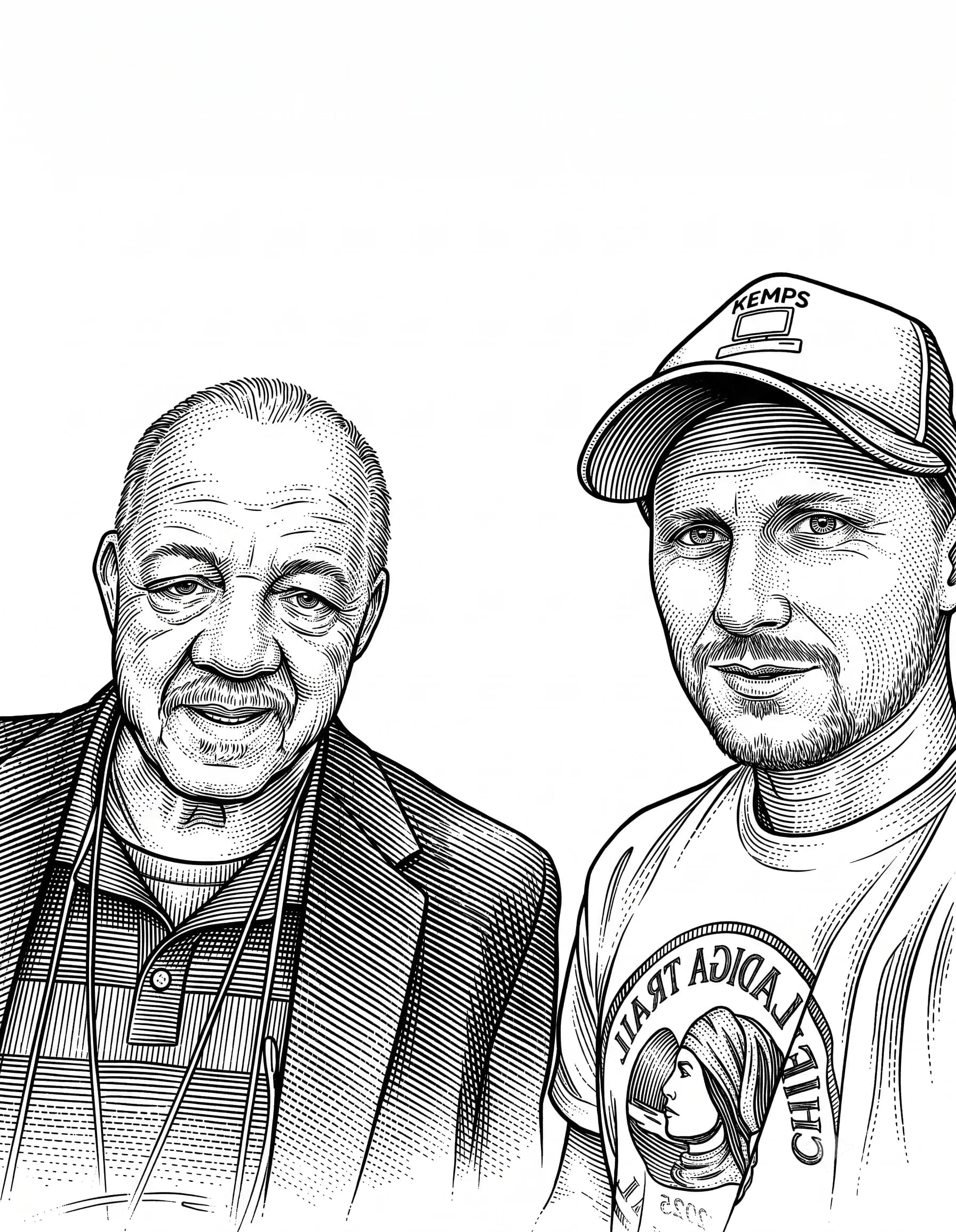 Hedcut illustration of David Dennis and Matt Headley in Anniston, May 2026