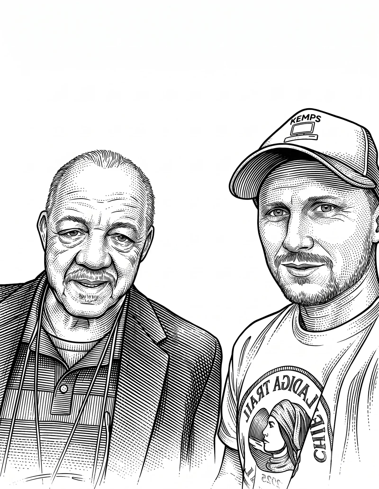 Hedcut illustration of David Dennis and Matt Headley in Anniston, May 2026