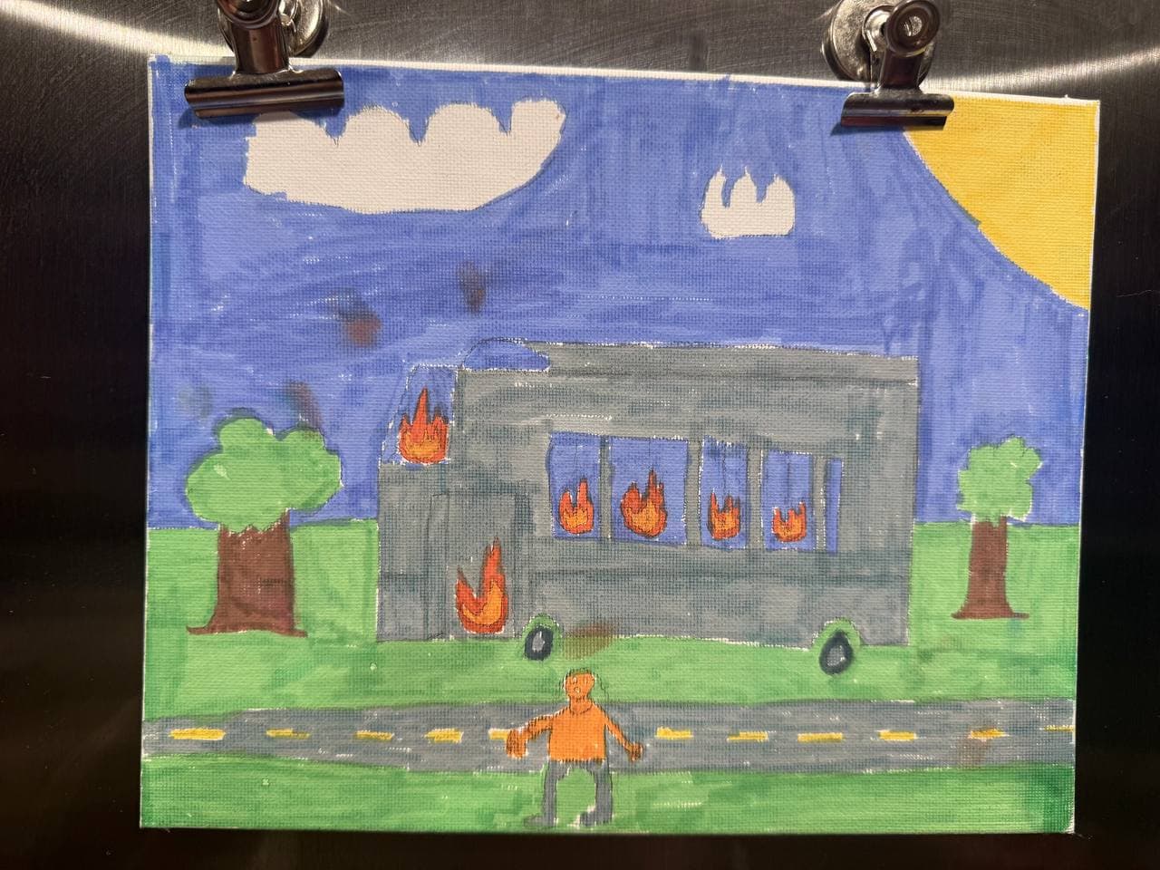 Painting of the Freedom Riders burning bus by Soren Headley, age 10, Pleasant Valley Elementary School