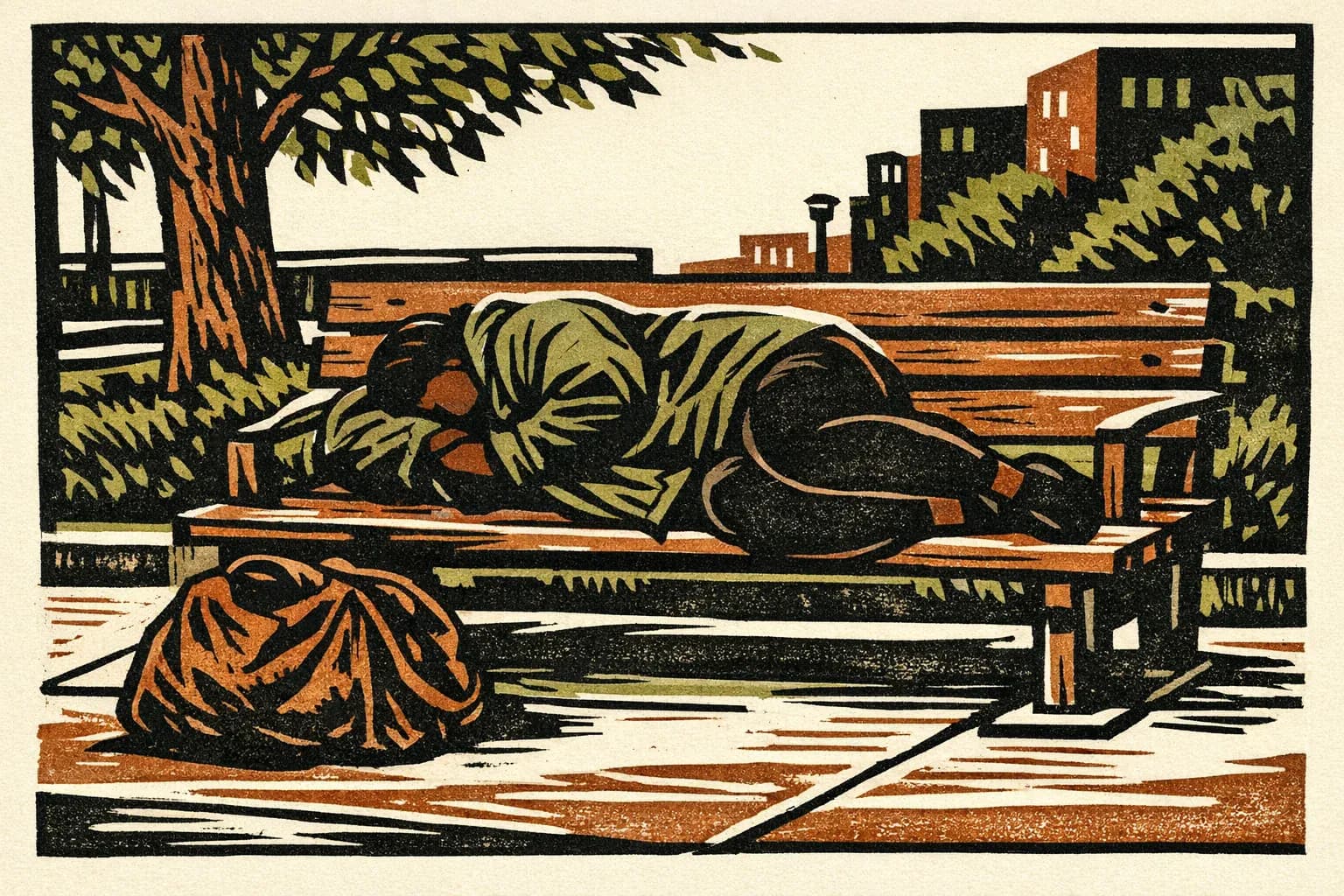 Linocut illustration of a woman sleeping on a park bench with a bag beside her