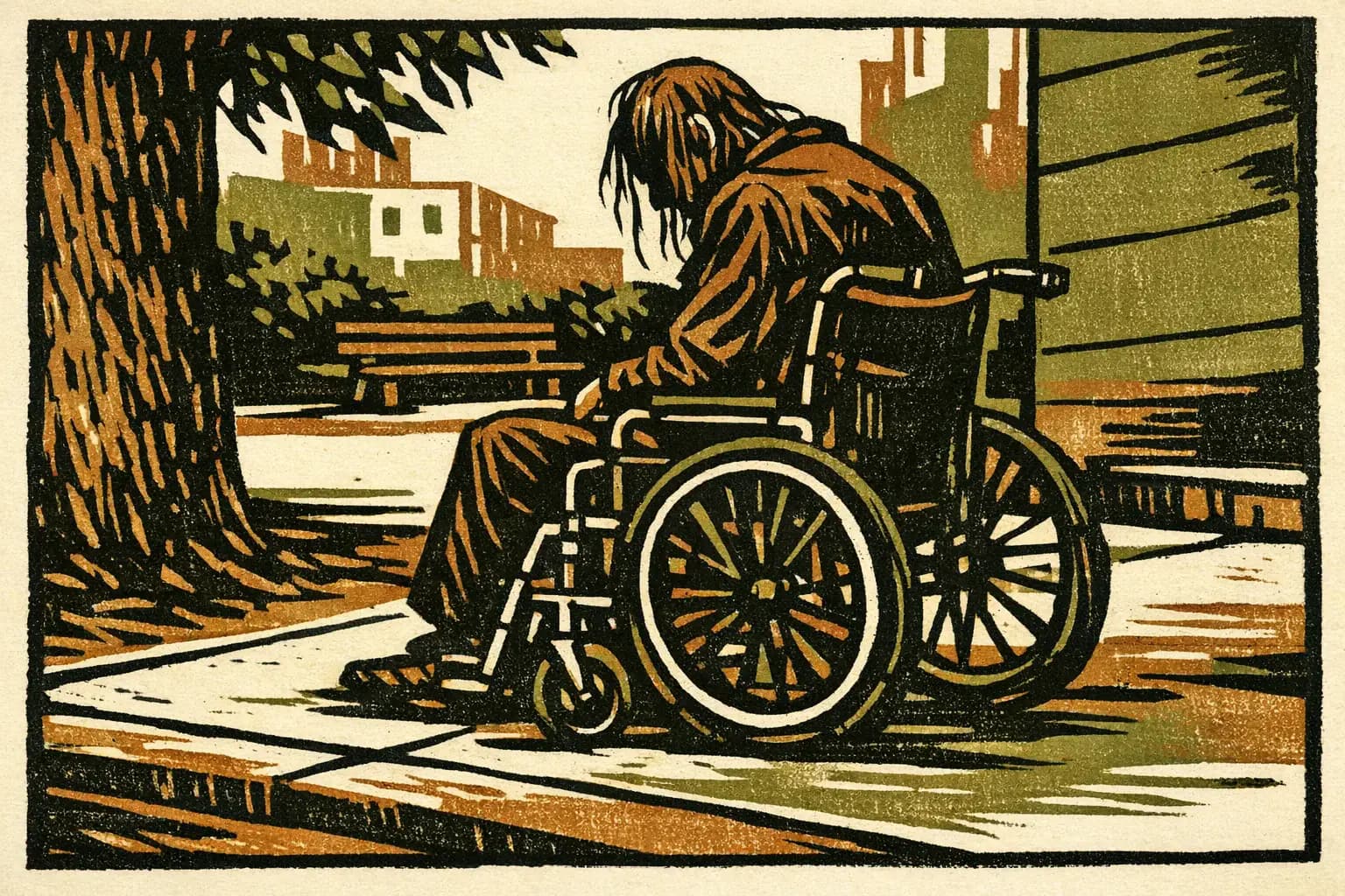 Linocut illustration of an elderly man with long hair sitting in a wheelchair in an urban park