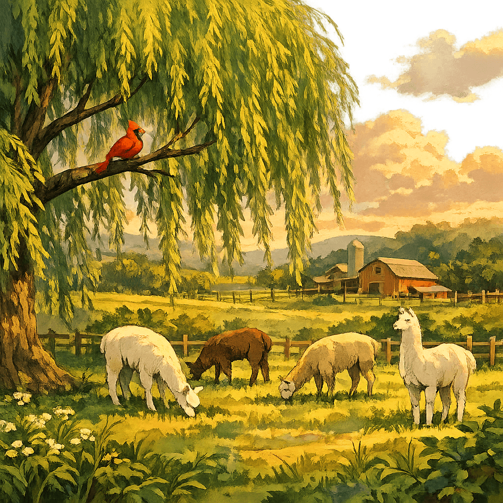 Redbird Willow Farm — illustrated in the style of a Ghibli film, with a weeping willow and a cardinal on its branch