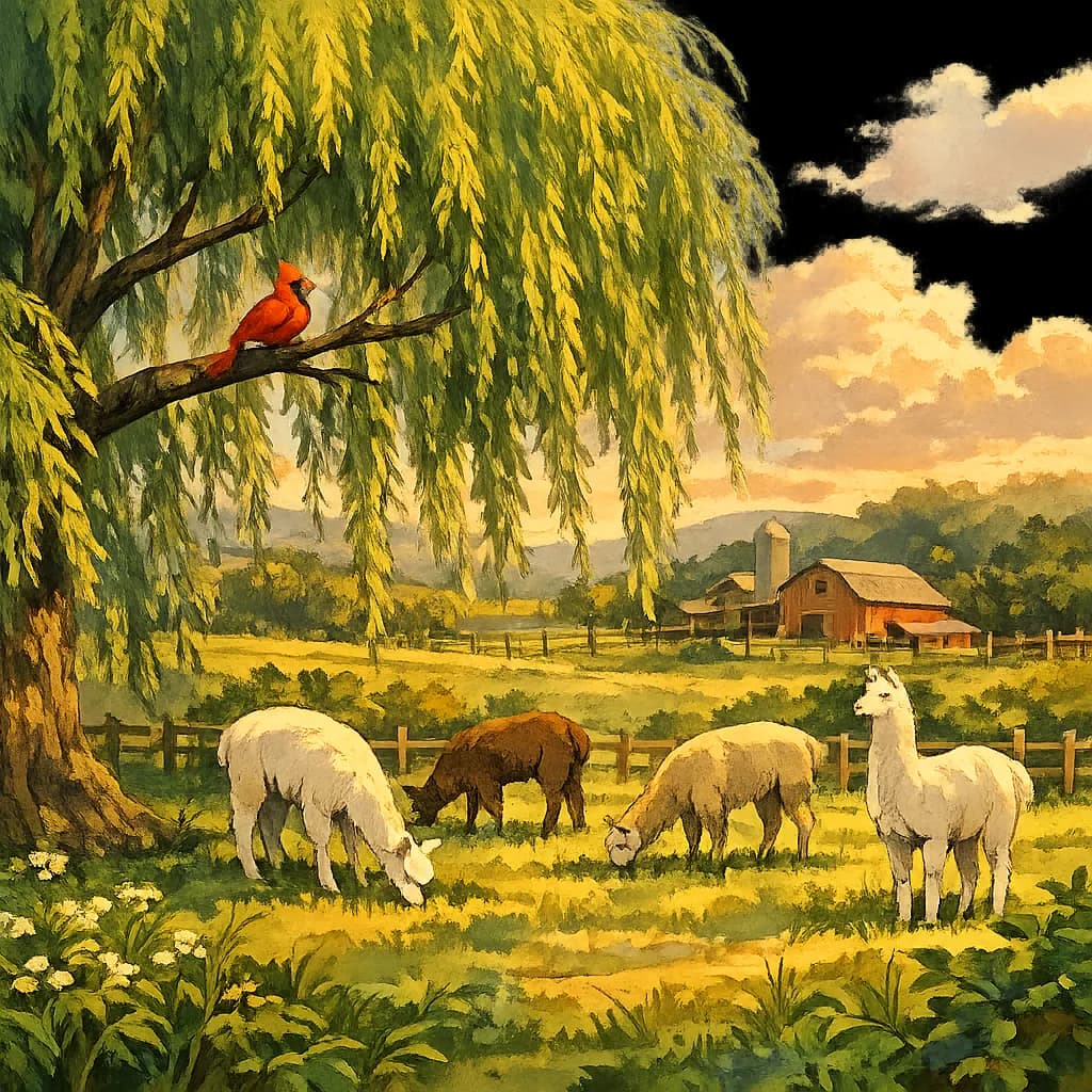 Redbird Willow Farm — illustrated in the style of a Ghibli film, with a weeping willow and a cardinal on its branch