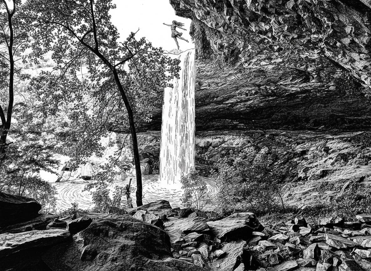 Hedcut illustration of Noccalula mid-leap above the falls at Noccalula Falls Park, Gadsden, Alabama