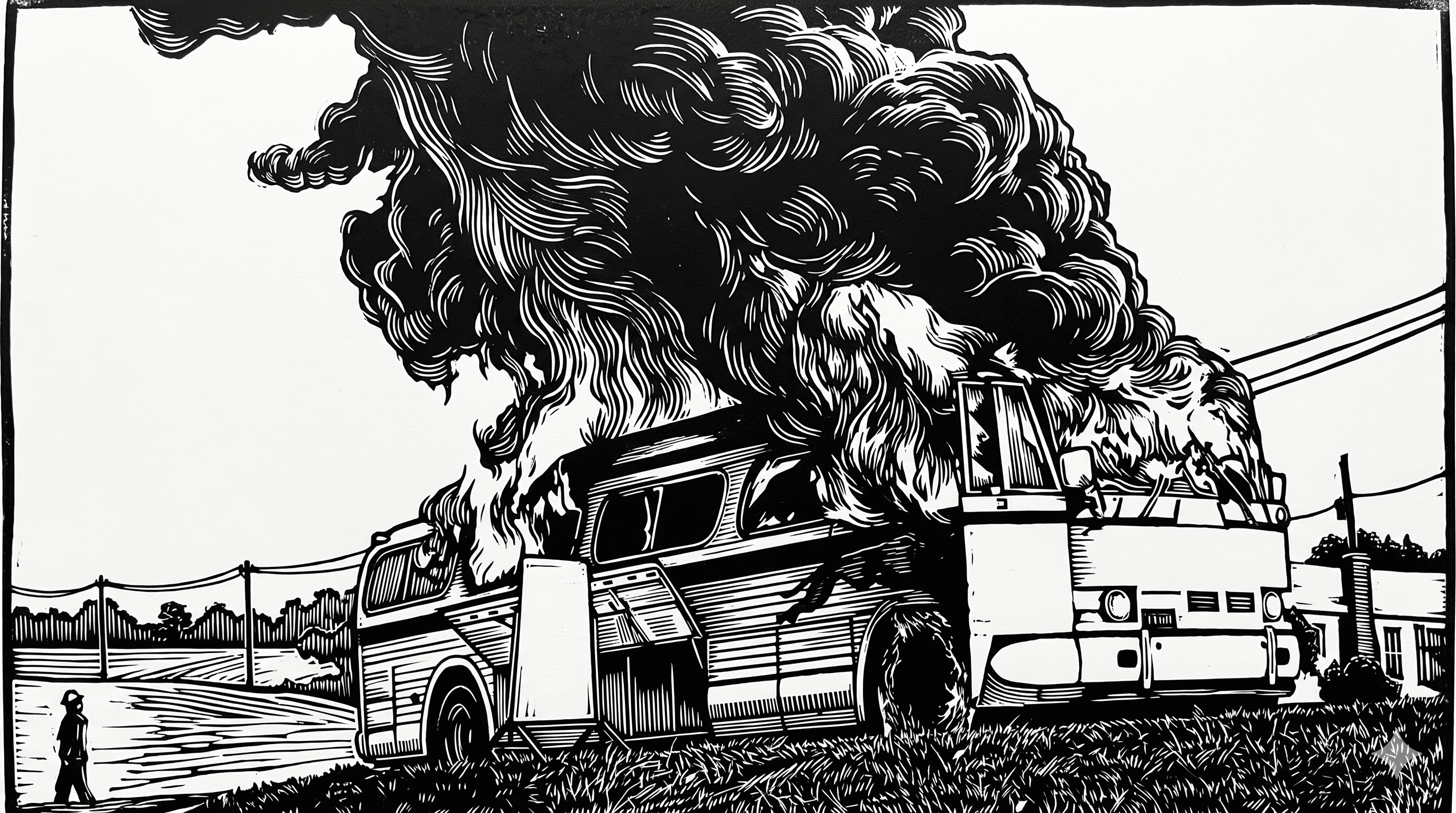 Bus Woodcut — Cream