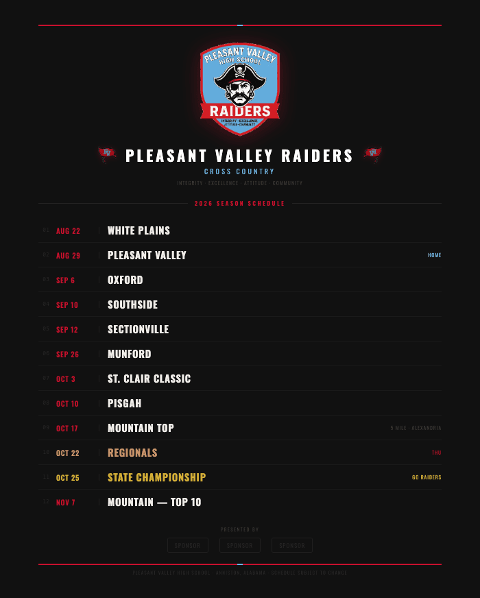PV Raiders XC — 2026 Race Schedule (Back)