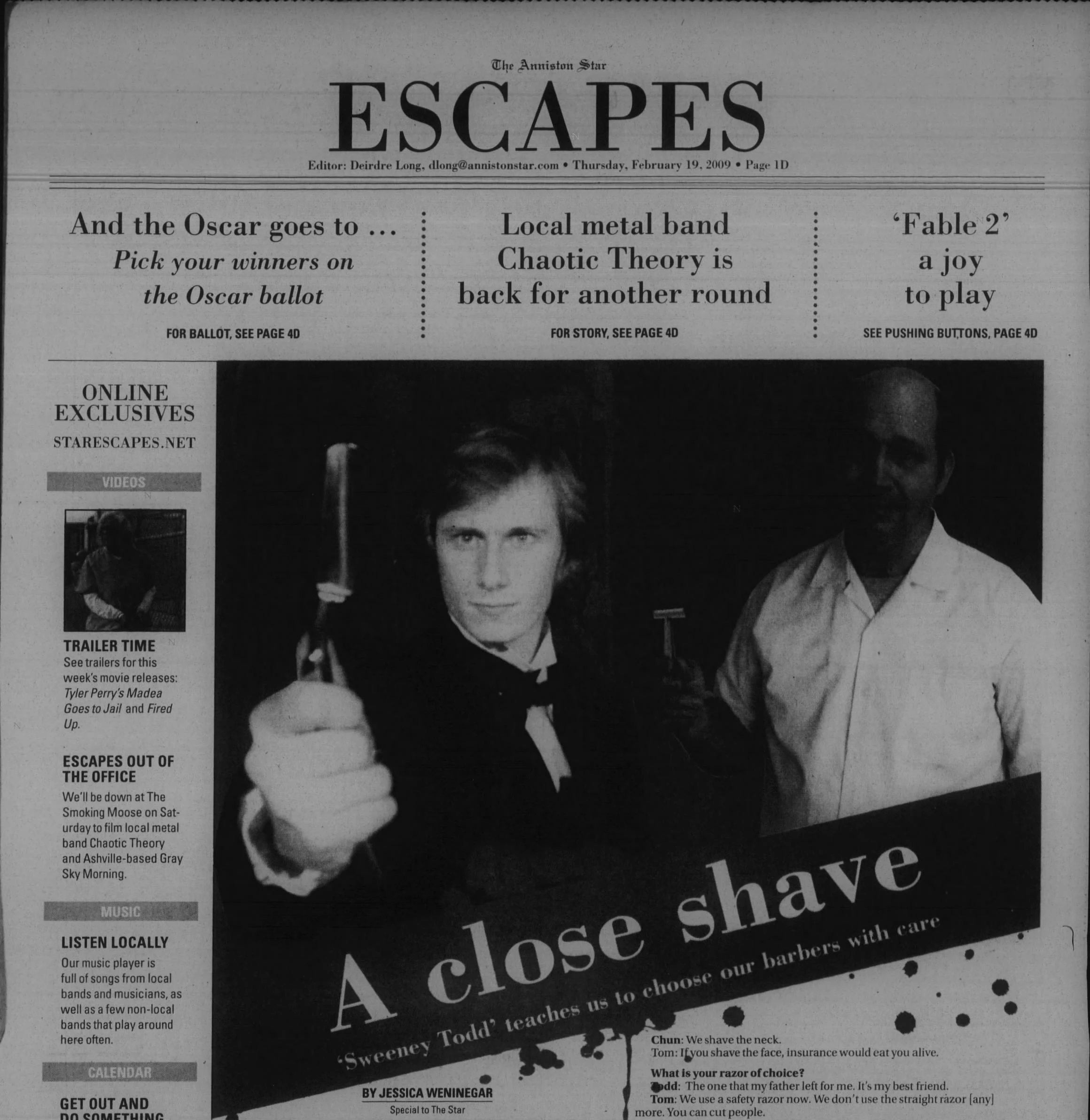 The Anniston Star ESCAPES section, February 19, 2009 — feature on Matt Headley as Sweeney Todd at JSU