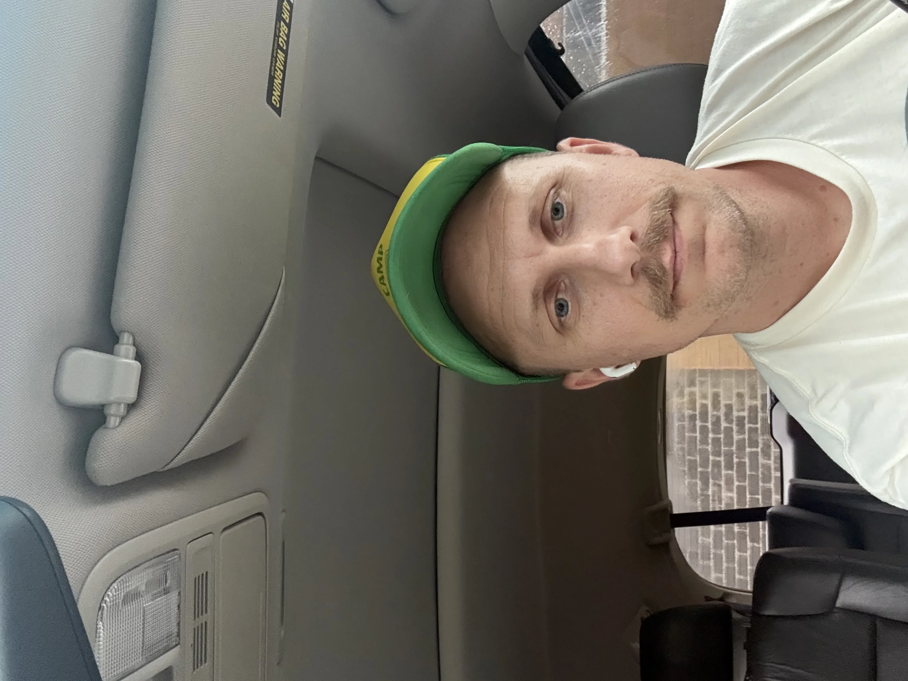Matt Headley in the van on the day of the Theatre of Gadsden audition, July 2026