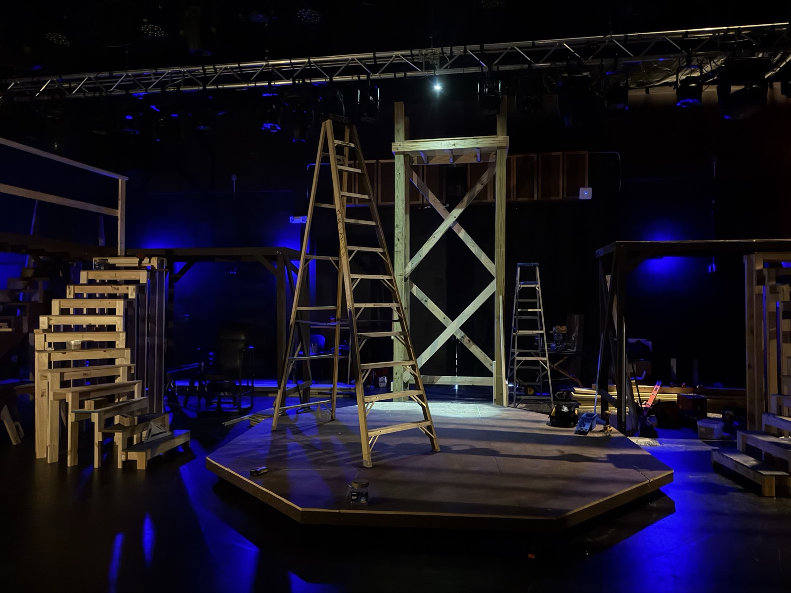 Sweeney Todd, Theatre of Gadsden — The tower, under blue light.